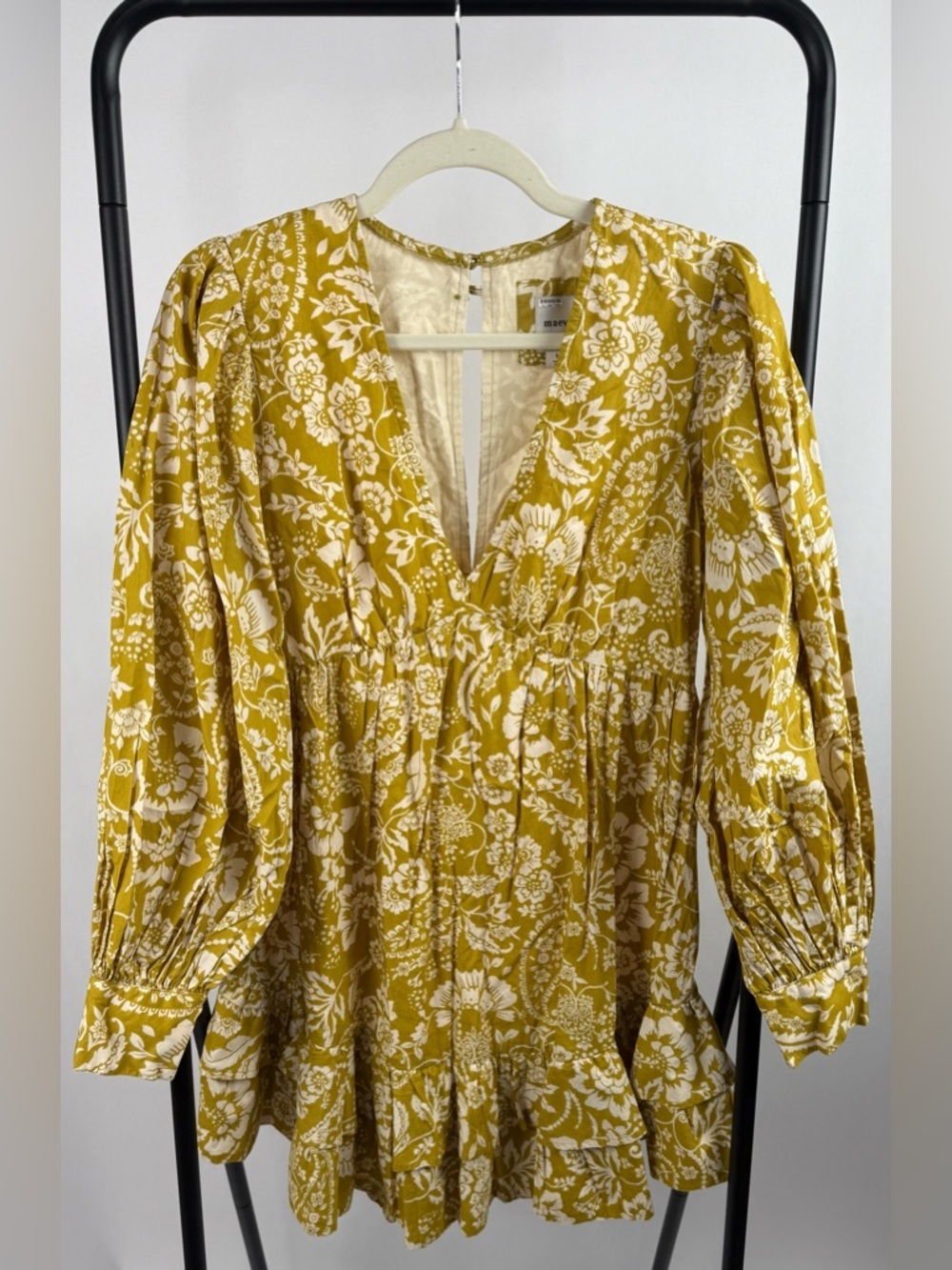 Maeve Yellow Floral Mini Dress S Boho Puff Sleeve V Neck Ruffle - Picture 5 of 8